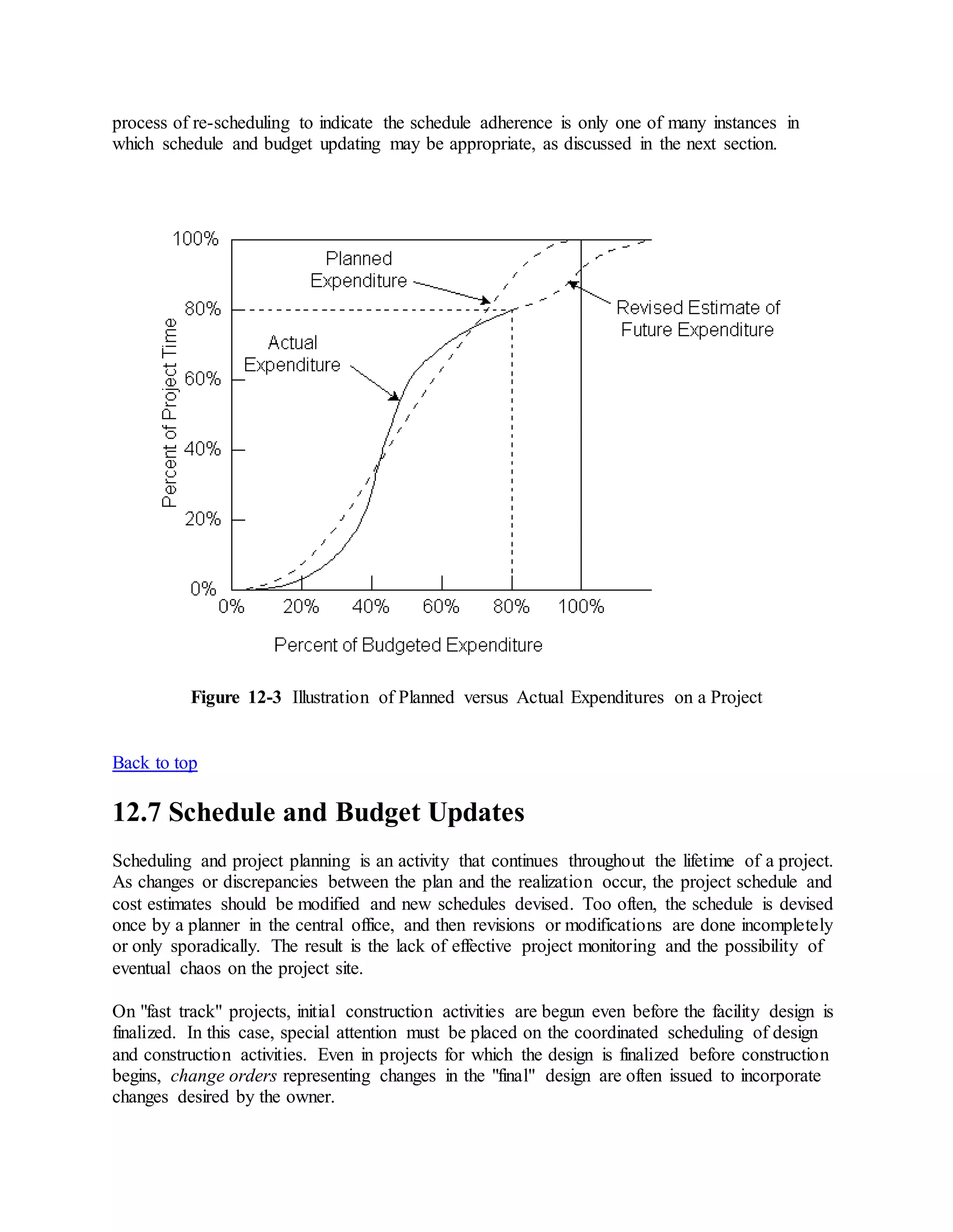 process of re-scheduling to indicate the schedule adherence is only one of many instances in
which schedule and budget updating may be appropriate, as discussed in the next section.
Figure 12-3 Illustration of Planned versus Actual Expenditures on a Project
Back to top
12.7 Schedule and Budget Updates
Scheduling and project planning is an activity that continues throughout the lifetime of a project.
As changes or discrepancies between the plan and the realization occur, the project schedule and
cost estimates should be modified and new schedules devised. Too often, the schedule is devised
once by a planner in the central office, and then revisions or modifications are done incompletely
or only sporadically. The result is the lack of effective project monitoring and the possibility of
eventual chaos on the project site.
On "fast track" projects, initial construction activities are begun even before the facility design is
finalized. In this case, special attention must be placed on the coordinated scheduling of design
and construction activities. Even in projects for which the design is finalized before construction
begins, change orders representing changes in the "final" design are often issued to incorporate
changes desired by the owner.
 