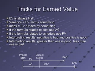 Tricks for Earned ValueTricks for Earned Value
EV is always firstEV is always first
Variance = EV minus somethingVariance = EV minus something
Index = EV divided by somethingIndex = EV divided by something
If the formula relates to cost use ACIf the formula relates to cost use AC
If the formula relates to schedule use PVIf the formula relates to schedule use PV
Interpreting results: negative is bad and positive is goodInterpreting results: negative is bad and positive is good
Interpreting results: greater than one is good, less thanInterpreting results: greater than one is good, less than
one is badone is bad
PV
AC ETC
EAC
BAC
Project
Start
Current
Status
 