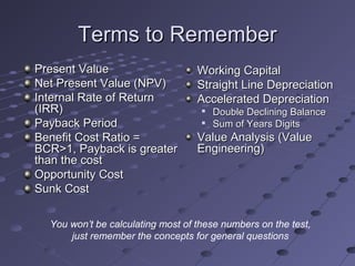 Terms to RememberTerms to Remember
Present ValuePresent Value
Net Present Value (NPV)Net Present Value (NPV)
Internal Rate...