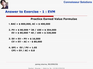 Connoisseur Solutions
Practice Earned Value Formulae
Answer to Exercise - 1 : EVM
1. BAC = $ 800,000, AC = $ 400,000
2. PV = $ 80,000 * 38 / 100 = $ 304,000
EV = $ 80,000 * 40 / 100 = $ 320,000
3. SV = EV – PV = $ 16,000
CV = EV – AC = - $ 80,000
4. SPI = EV / PV = 1.05
CPI = EV / AC = 0.8
pankaj sharma, 9810996356
Pankaj Sharma - Mobile No -919810996356
 