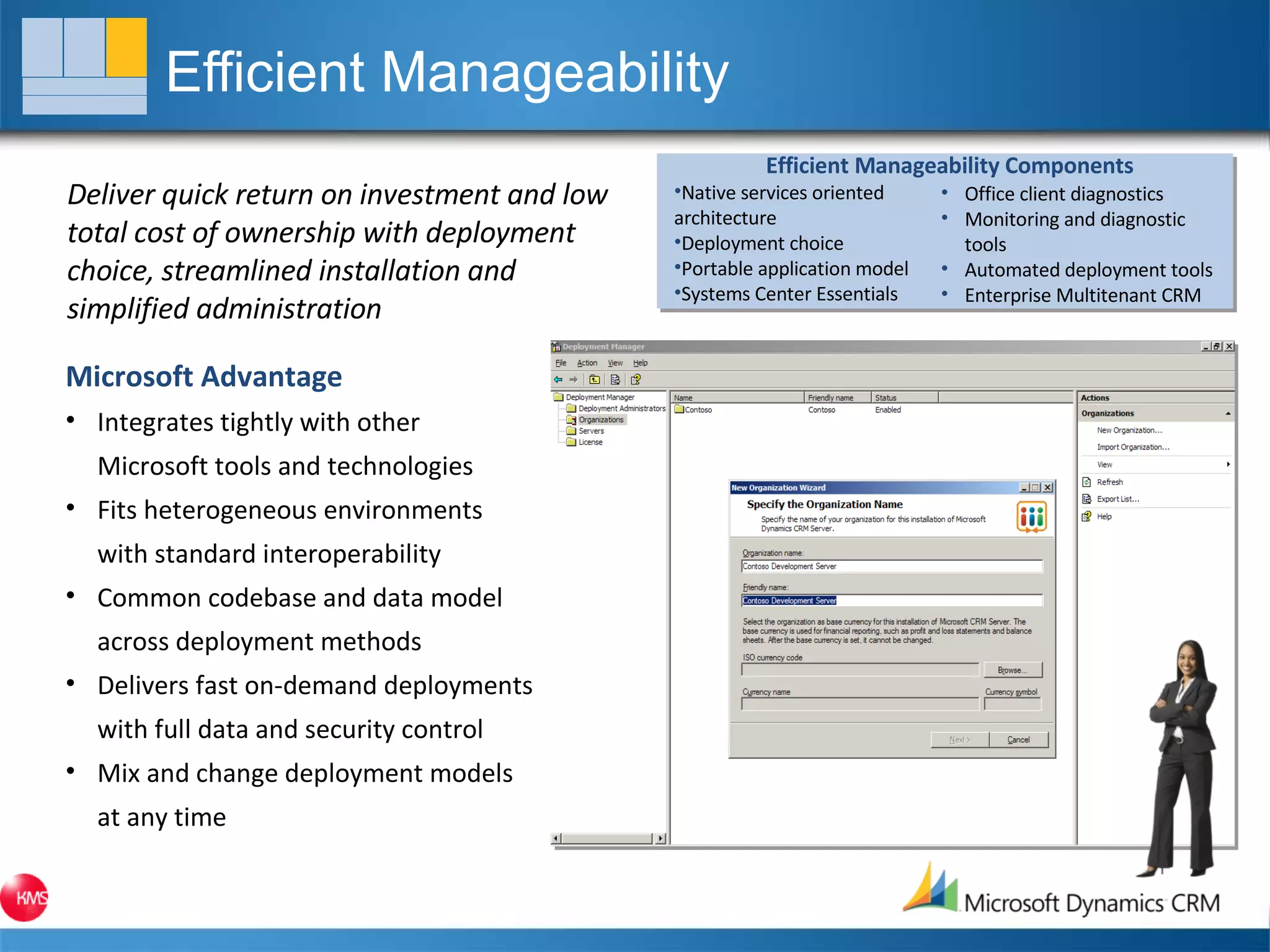 Efficient Manageability Deliver quick return on investment and low total cost of ownership with deployment choice, streamlined installation and simplified administration Microsoft Advantage Integrates tightly with other  Microsoft tools and technologies Fits heterogeneous environments with standard interoperability Common codebase and data model across deployment methods Delivers fast on-demand deployments with full data and security control Mix and change deployment models at any time Efficient Manageability Components Native services oriented  architecture Deployment choice Portable application model Systems Center Essentials Office client diagnostics Monitoring and diagnostic  tools Automated deployment tools Enterprise Multitenant CRM 