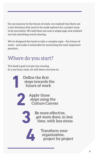 On our journey to the future of work, we realised that there are
a few decisions that need to be made upfront for a project team
to be successful. We laid them out onto a single page and realised
we had something worth sharing.
We’ve designed this book to take a complex topic - the future of
work - and make it actionable by answering the most important
question…
Where do you start?
The book’s goal is to get you moving.
In a one hour read, we will show you how to:
4
1
2
3
4
Define the first
steps towards the
future of work
Apply those
steps using the
Culture Canvas
Be more effective,
get more done, in less
time, with less stress
Transform your
organization,
project by project
 