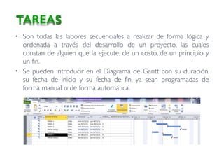 • Son todas las labores secuenciales a realizar de forma lógica y
ordenada a través del desarrollo de un proyecto, las cuales
constan de alguien que la ejecute, de un costo, de un principio y
un fin.
• Se pueden introducir en el Diagrama de Gantt con su duración,
su fecha de inicio y su fecha de fin, ya sean programadas de
forma manual o de forma automática.
TAREAS
 
