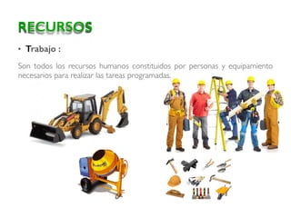 • Trabajo :
Son todos los recursos humanos constituidos por personas y equipamiento
necesarios para realizar las tareas programadas.
RECURSOS
 