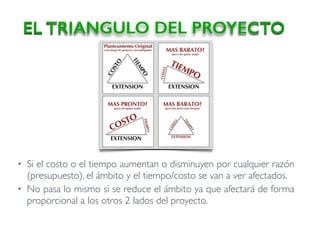 • Si el costo o el tiempo aumentan o disminuyen por cualquier razón
(presupuesto), el ámbito y el tiempo/costo se van a ver afectados.
• No pasa lo mismo si se reduce el ámbito ya que afectará de forma
proporcional a los otros 2 lados del proyecto.
EL TRIANGULO DEL PROYECTO
 