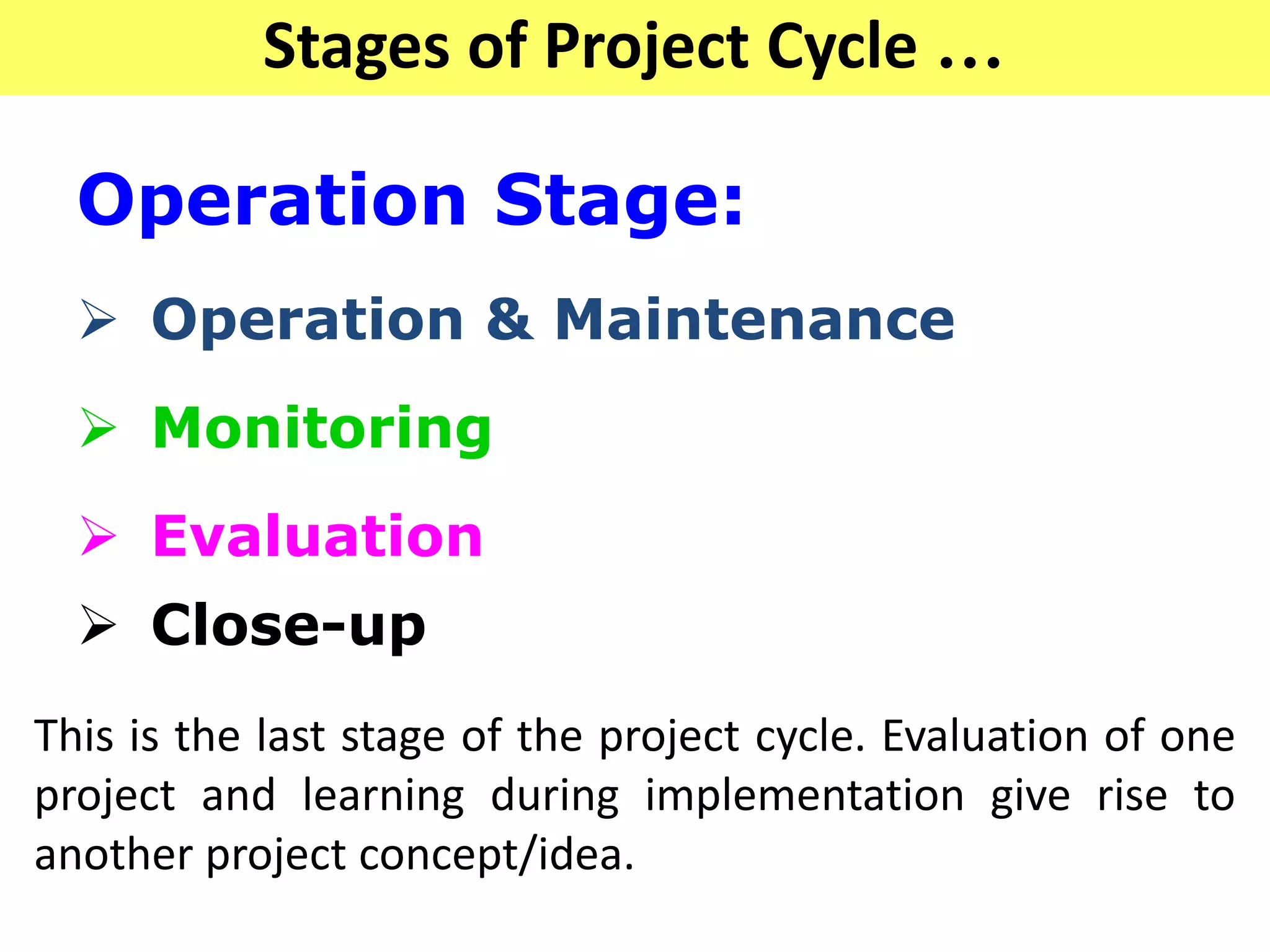 Operation Stage:
 Operation & Maintenance
 Monitoring
 Evaluation
 Close-up
Stages of Project Cycle …
This is the last stage of the project cycle. Evaluation of one
project and learning during implementation give rise to
another project concept/idea.
 