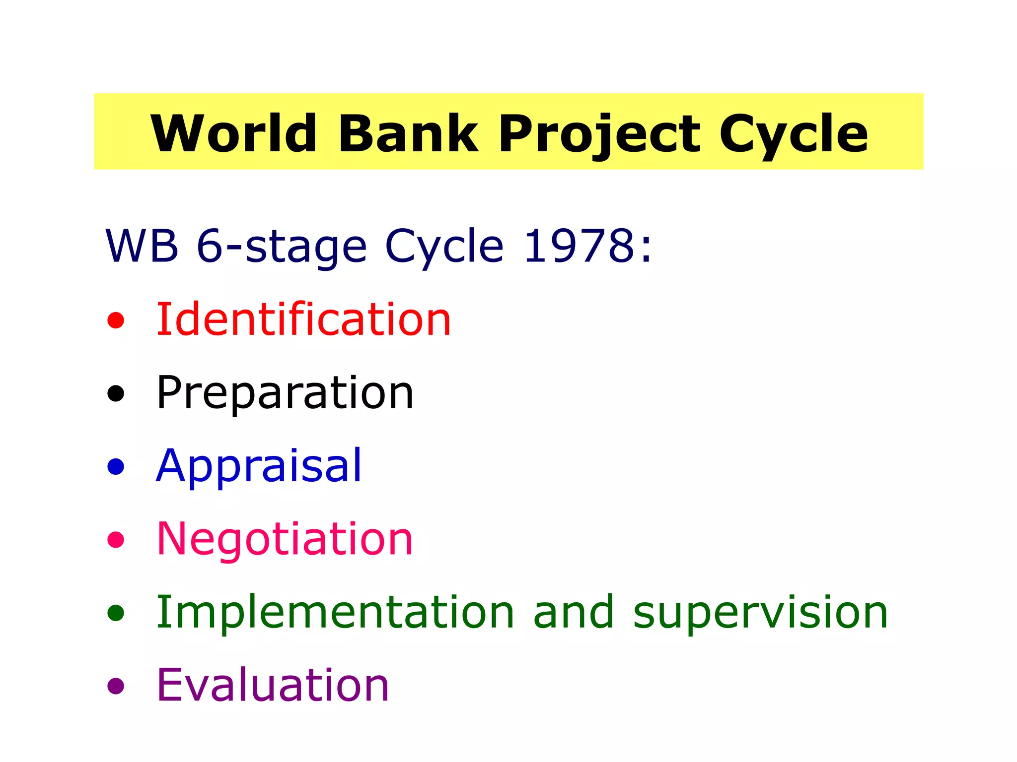 World Bank Project Cycle
WB 6-stage Cycle 1978:
• Identification
• Preparation
• Appraisal
• Negotiation
• Implementation and supervision
• Evaluation
 