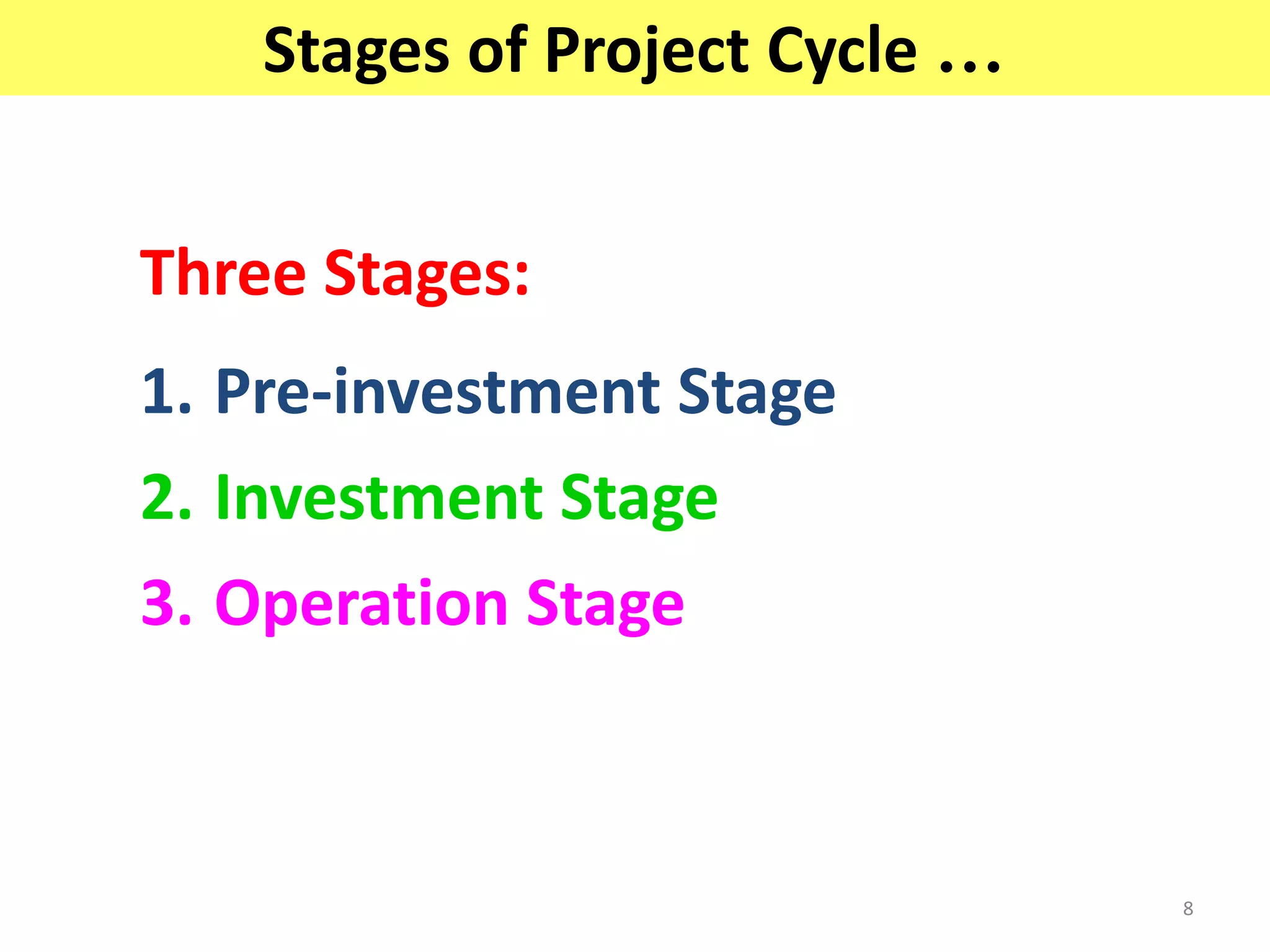 8
Three Stages:
1. Pre-investment Stage
2. Investment Stage
3. Operation Stage
Stages of Project Cycle …
 