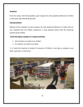 Analysis:
From the survey, from 50 respondents, gave response for more powerful preference to D-Mart
is 76%, Store 16%, Both 8% & None 0%.
Interpretation:
Majority of the customers are give response for most powerful preference is D-Mart. We can
also interprent that the D-Mart comparision is more powerful attract with the Puchasing
syatems by the D-Mart.
From the above analysis it is observed that:
 38 cunsumers are needs to use D-Mart.
 8 customers are needs to use Store.
It is found that majority of number of consumers of D-Mart is very high as compare to any
other superstore or small store.
12
 