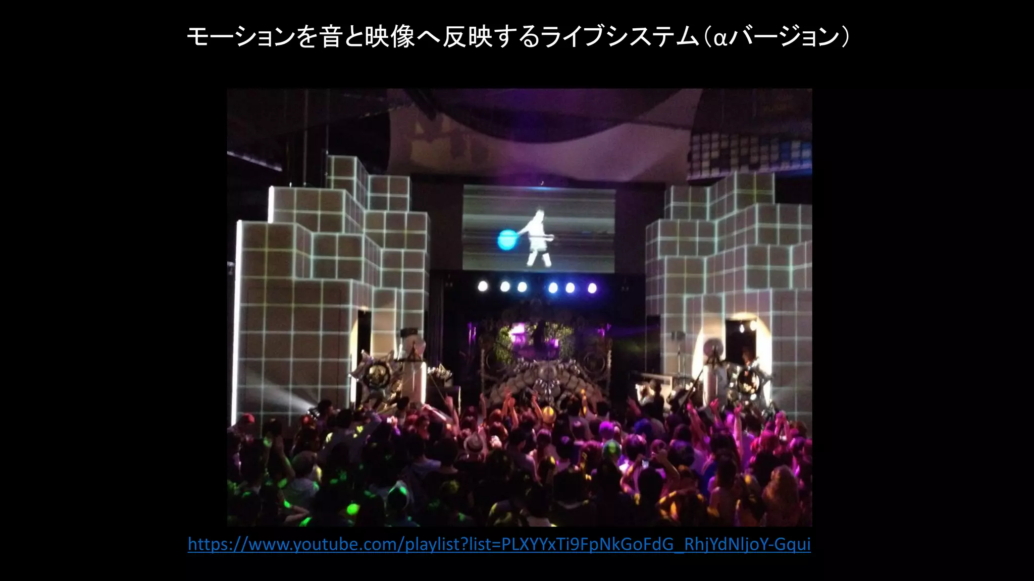 モーションを音と映像へ反映するライブシステム（αバージョン）
https://www.youtube.com/playlist?list=PLXYYxTi9FpNkGoFdG_RhjYdNljoY-Gqui
 