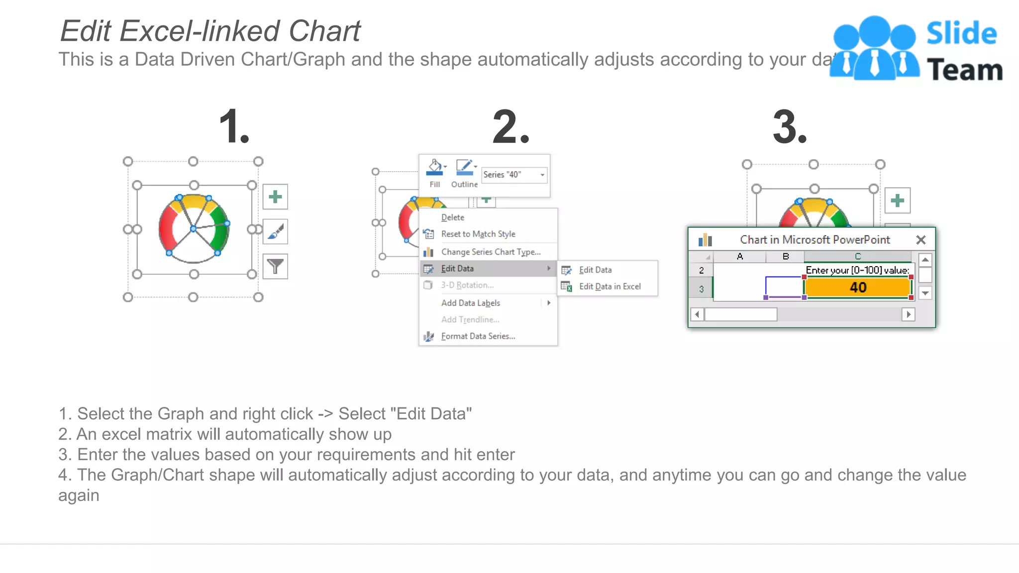 1. Select the Graph and right click -> Select "Edit Data"
2. An excel matrix will automatically show up
3. Enter the values based on your requirements and hit enter
4. The Graph/Chart shape will automatically adjust according to your data, and anytime you can go and change the value
again
Edit Excel-linked Chart
This is a Data Driven Chart/Graph and the shape automatically adjusts according to your data
1 2 3