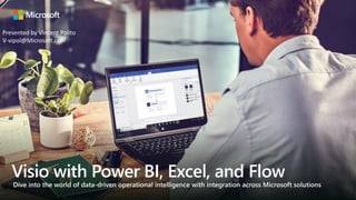 Visio with Power BI, Excel, and Flow
Dive into the world of data-driven operational intelligence with integration across Microsoft solutions
Presented by Vincent Polito
V-vipol@Microsoft.com
 