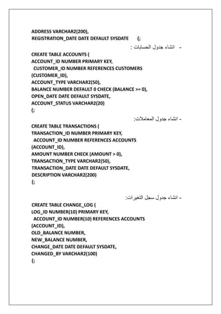 ADDRESS VARCHAR2(200),
REGISTRATION_DATE DATE DEFAULT SYSDATE (;
-
: ‫الحسابات‬ ‫جدول‬ ‫انشاء‬
CREATE TABLE ACCOUNTS (
ACCOUNT_ID NUMBER PRIMARY KEY,
CUSTOMER_ID NUMBER REFERENCES CUSTOMERS
(CUSTOMER_ID),
ACCOUNT_TYPE VARCHAR2(50),
BALANCE NUMBER DEFAULT 0 CHECK (BALANCE >= 0),
OPEN_DATE DATE DEFAULT SYSDATE,
ACCOUNT_STATUS VARCHAR2(20)
(;
-
:‫المعامالت‬ ‫جدول‬ ‫انشاء‬
CREATE TABLE TRANSACTIONS (
TRANSACTION_ID NUMBER PRIMARY KEY,
ACCOUNT_ID NUMBER REFERENCES ACCOUNTS
(ACCOUNT_ID),
AMOUNT NUMBER CHECK (AMOUNT > 0),
TRANSACTION_TYPE VARCHAR2(50),
TRANSACTION_DATE DATE DEFAULT SYSDATE,
DESCRIPTION VARCHAR2(200)
(;
-
:‫التغيرات‬ ‫سجل‬ ‫جدول‬ ‫انشاء‬
CREATE TABLE CHANGE_LOG (
LOG_ID NUMBER(10) PRIMARY KEY,
ACCOUNT_ID NUMBER(10) REFERENCES ACCOUNTS
(ACCOUNT_ID),
OLD_BALANCE NUMBER,
NEW_BALANCE NUMBER,
CHANGE_DATE DATE DEFAULT SYSDATE,
CHANGED_BY VARCHAR2(100)
(;
 