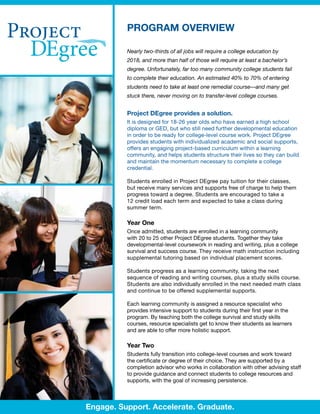 PROGRAM OVERVIEW

          Nearly two-thirds of all jobs will require a college education by
          2018, and more than half of those will require at least a bachelor’s
          degree. Unfortunately, far too many community college students fail
          to complete their education. An estimated 40% to 70% of entering
          students need to take at least one remedial course—and many get
          stuck there, never moving on to transfer-level college courses.


          Project DEgree provides a solution.
          It is designed for 18-26 year olds who have earned a high school
          diploma or GED, but who still need further developmental education
          in order to be ready for college-level course work. Project DEgree
          provides students with individualized academic and social supports,
          offers an engaging project-based curriculum within a learning
          community, and helps students structure their lives so they can build
          and maintain the momentum necessary to complete a college
          credential.

          Students enrolled in Project DEgree pay tuition for their classes,
          but receive many services and supports free of charge to help them
          progress toward a degree. Students are encouraged to take a
          12 credit load each term and expected to take a class during
          summer term.

          Year One
          Once admitted, students are enrolled in a learning community
          with 20 to 25 other Project DEgree students. Together they take
          developmental-level coursework in reading and writing, plus a college
          survival and success course. They receive math instruction including
          supplemental tutoring based on individual placement scores.

          Students progress as a learning community, taking the next
          sequence of reading and writing courses, plus a study skills course.
          Students are also individually enrolled in the next needed math class
          and continue to be offered supplemental supports.

          Each learning community is assigned a resource specialist who
          provides intensive support to students during their first year in the
          program. By teaching both the college survival and study skills
          courses, resource specialists get to know their students as learners
          and are able to offer more holistic support.

          Year Two
          Students fully transition into college-level courses and work toward
          the certificate or degree of their choice. They are supported by a
          completion advisor who works in collaboration with other advising staff
          to provide guidance and connect students to college resources and
          supports, with the goal of increasing persistence.



Engage. Support. Accelerate. Graduate.
 