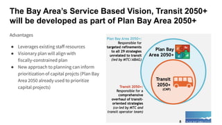 The Bay Area’s Service Based Vision, Transit 2050+
will be developed as part of Plan Bay Area 2050+
Advantages
● Leverages...
