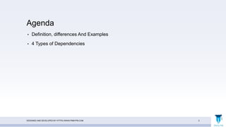 Agenda
• Definition, differences And Examples
• 4 Types of Dependencies
DESIGNED AND DEVELOPED BY HTTPS://WWW.PMBYPM.COM 2
 