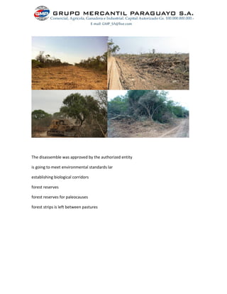 The disassemble was approved by the authorized entity
is going to meet environmental standards lar
establishing biological corridors
forest reserves
forest reserves for paleocauses
forest strips is left between pastures
 