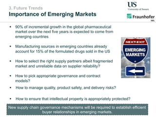3. Future Trends
Importance of Emerging Markets
!  90% of incremental growth in the global pharmaceutical
market over the next five years is expected to come from
emerging countries
!  Manufacturing sources in emerging countries already
account for 15% of the formulated drugs sold in the US
!  How to select the right supply partners albeit fragmented
market and unreliable data on supplier reliability?
!  How to pick appropriate governance and contract
models?
!  How to manage quality, product safety, and delivery risks?
!  How to ensure that intellectual property is appropriately protected?
New supply chain governance mechanisms will be required to establish efficient
buyer relationships in emerging markets.
 