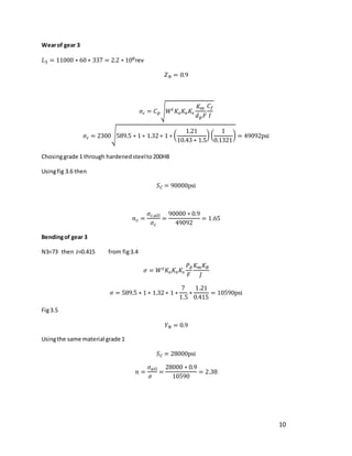 10
Wearof gear 3
𝐿3 = 11000 ∗ 60 ∗ 337 = 2.2 ∗ 108rev
𝑍𝑁 = 0.9
𝜎𝑐 = 𝐶𝑝√𝑊𝑡𝐾𝑜𝐾𝑣𝐾𝑠
𝐾𝑚
𝑑𝑝𝐹
𝐶𝑓
𝐼
𝜎𝑐 = 2300√589.5 ∗ 1 ∗ 1.32 ∗ 1 ∗ (
1.21
10.43 ∗ 1.5
) (
1
0.1321
) = 49092psi
Chosinggrade 1 through hardenedsteelto200HB
Usingfig 3.6 then
𝑆𝐶 = 90000psi
𝑛𝑐 =
𝜎𝑐,𝑎𝑙𝑙
𝜎𝑐
=
90000 ∗ 0.9
49092
= 1.65
Bendingof gear 3
N3=73 then J=0.415 from fig3.4
𝜎 = 𝑊𝑡𝐾𝑜𝐾𝑣𝐾𝑠
𝑃𝑑
𝐹
𝐾𝑚𝐾𝐵
𝐽
𝜎 = 589.5 ∗ 1 ∗ 1.32 ∗ 1 ∗
7
1.5
∗
1.21
0.415
= 10590psi
Fig3.5
𝑌𝑁 = 0.9
Usingthe same material grade 1
𝑆𝐶 = 28000psi
𝑛 =
𝜎𝑎𝑙𝑙
𝜎
=
28000 ∗ 0.9
10590
= 2.38
 