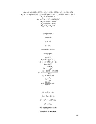 21
𝑀𝑀 = 𝑅𝐴𝑍(10.25 − 0.75) + 𝑊
23
𝑡
(10.25 − 2.75) − 𝑊
45
𝑡
(10.25 − 8.5)
𝑀𝑀 = 132 ∗ (10.25 − 0.75) + 589.5(10.25 − 2.75) − 2683.2(10.25 − 8.5)
𝑀𝑀 = 979.65 lbf.in
𝑀𝑀 = √(401.75)2 + (979.65)2
𝑀𝑀 = 1058.82 lbf.in
𝑀𝑎 = 1058.82 lbf.in
𝑀𝑚 = 𝑇𝑚 = 𝑇𝑎 = 0
Using table 4.3
r/d = 0.05
𝐾𝑓 = 1.9
d = 1 in.
r = 0.05*1 = 0.05 in.
using fig 4.6
𝑞 = 0.75
𝐾𝑓 = 1 + 𝑞(𝐾𝑡 − 1)
𝐾𝑓 = 1 + 0.75(1.9 − 1)
𝐾𝑓 = 1.675
𝜎𝑎 =
32𝐾𝑓𝑀𝑎
𝜋𝑑3
𝜎𝑎 =
32 ∗ 1.675 ∗ 1058.82
𝜋(1)3
𝜎𝑎 = 18050 psi
𝑛𝑓 =
𝑆𝑒
𝜎𝑎
𝑛𝑓 =
33100
18050
= 1.83
𝐷1 = 𝐷7 = 1 in.
𝐷2 = 𝐷6 = 1.4 in.
𝐷3 = 𝐷5 = 1.6875 in.
𝐷4 = 2 in.
The rigidity of the shaft
Deflection of the shaft
 