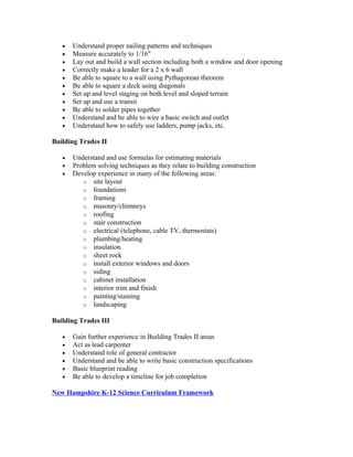 •   Understand proper nailing patterns and techniques
   •   Measure accurately to 1/16"
   •   Lay out and build a wall section including both a window and door opening
   •   Correctly make a leader for a 2 x 6 wall
   •   Be able to square to a wall using Pythagorean theorem
   •   Be able to square a deck using diagonals
   •   Set up and level staging on both level and sloped terrain
   •   Set up and use a transit
   •   Be able to solder pipes together
   •   Understand and be able to wire a basic switch and outlet
   •   Understand how to safely use ladders, pump jacks, etc.

Building Trades II

   •   Understand and use formulas for estimating materials
   •   Problem solving techniques as they relate to building construction
   •   Develop experience in many of the following areas:
          o site layout
          o foundations
          o framing
          o masonry/chimneys
          o roofing
          o stair construction
          o electrical (telephone, cable TV, thermostats)
          o plumbing/heating
          o insulation
          o sheet rock
          o install exterior windows and doors
          o siding
          o cabinet installation
          o interior trim and finish
          o painting/staining
          o landscaping

Building Trades III

   •   Gain further experience in Building Trades II areas
   •   Act as lead carpenter
   •   Understand role of general contractor
   •   Understand and be able to write basic construction specifications
   •   Basic blueprint reading
   •   Be able to develop a timeline for job completion

New Hampshire K-12 Science Curriculum Framework
 