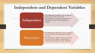 Independent and Dependent Variables
• The independent variable is the one that we
believe may "cause" the results.
• the independent variable is manipulated to
determine its effect on the dependent
variable.
Independent
• the dependent variable is the one we measure
to see the effects the independent variable
has on it.
• The dependent variable would be expressed
in terms of the number or percentage of
word-final consonants correctly identified.
Dependent
 