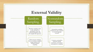 External Validity
Random
Sampling.
Random sampling refers
to the selection of
participants from the
general population that
the sample will represent.
There are two common
types of random sampling:
simple random and
stratified random
sampling.
Nonrandom
Sampling.
Nonrandom sampling
methods are also common
in second language
research
Common nonrandom
methods include
systematic, convenience,
and purposive sampling.
 