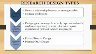 RESEARCH DESIGN TYPES
Correlational
(Associational)
Research
• To test a relationship between or among variable.
• To make predictions.
Experimental
and Quasi-
Experimental
Research
• Design types can range from truly experimental (with
random assignment) to what is known as quasi-
experimental (without random assignment)
Measuring the
Effect of
Treatment
• Pretest/Posttest Design
• Posttest-On/y Design
 