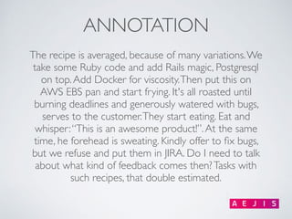 The recipe is averaged, because of many variations.We
take some Ruby code and add Rails magic, Postgresql
on top.Add Docke...