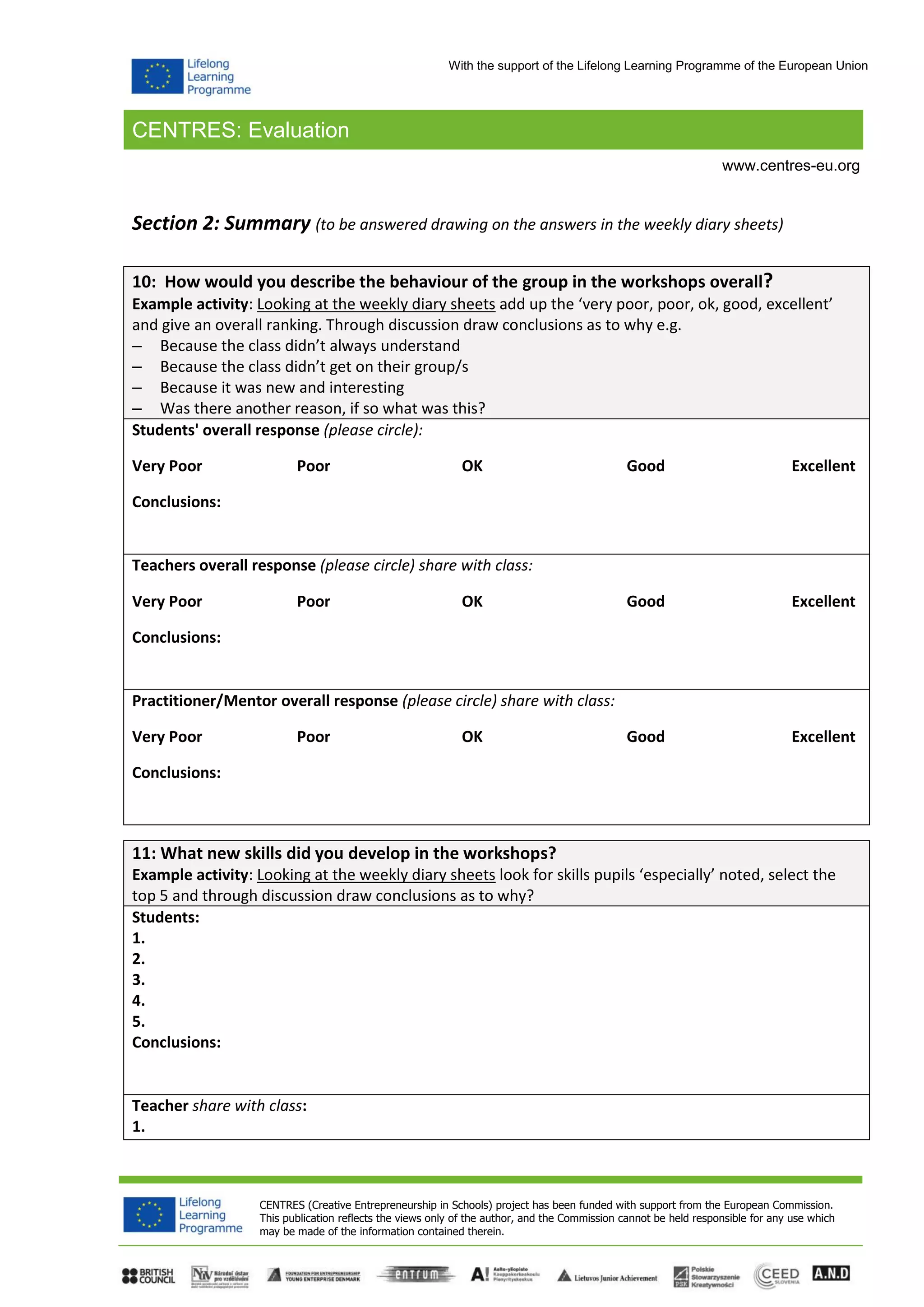 CENTRES: Evaluation
CENTRES (Creative Entrepreneurship in Schools) project has been funded with support from the European Commission.
This publication reflects the views only of the author, and the Commission cannot be held responsible for any use which
may be made of the information contained therein.
www.centres-eu.org
With the support of the Lifelong Learning Programme of the European Union
Section 2: Summary (to be answered drawing on the answers in the weekly diary sheets)
10: How would you describe the behaviour of the group in the workshops overall?
Example activity: Looking at the weekly diary sheets add up the ‘very poor, poor, ok, good, excellent’
and give an overall ranking. Through discussion draw conclusions as to why e.g.
– Because the class didn’t always understand
– Because the class didn’t get on their group/s
– Because it was new and interesting
– Was there another reason, if so what was this?
Students' overall response (please circle):
Very Poor Poor OK Good Excellent
Conclusions:
Teachers overall response (please circle) share with class:
Very Poor Poor OK Good Excellent
Conclusions:
Practitioner/Mentor overall response (please circle) share with class:
Very Poor Poor OK Good Excellent
Conclusions:
11: What new skills did you develop in the workshops?
Example activity: Looking at the weekly diary sheets look for skills pupils ‘especially’ noted, select the
top 5 and through discussion draw conclusions as to why?
Students:
1.
2.
3.
4.
5.
Conclusions:
Teacher share with class:
1.
 