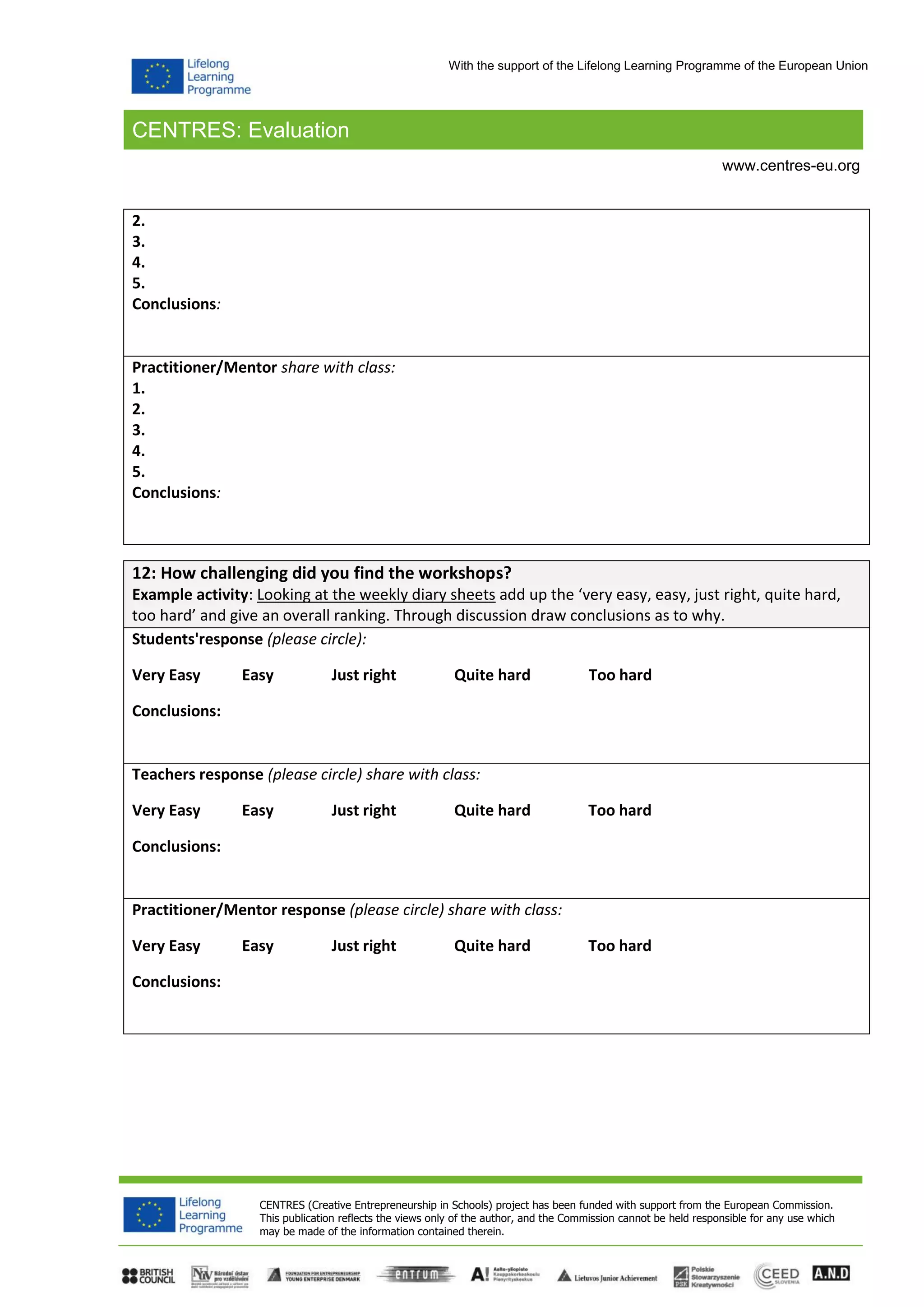 CENTRES: Evaluation
CENTRES (Creative Entrepreneurship in Schools) project has been funded with support from the European Commission.
This publication reflects the views only of the author, and the Commission cannot be held responsible for any use which
may be made of the information contained therein.
www.centres-eu.org
With the support of the Lifelong Learning Programme of the European Union
2.
3.
4.
5.
Conclusions:
Practitioner/Mentor share with class:
1.
2.
3.
4.
5.
Conclusions:
12: How challenging did you find the workshops?
Example activity: Looking at the weekly diary sheets add up the ‘very easy, easy, just right, quite hard,
too hard’ and give an overall ranking. Through discussion draw conclusions as to why.
Students'response (please circle):
Very Easy Easy Just right Quite hard Too hard
Conclusions:
Teachers response (please circle) share with class:
Very Easy Easy Just right Quite hard Too hard
Conclusions:
Practitioner/Mentor response (please circle) share with class:
Very Easy Easy Just right Quite hard Too hard
Conclusions:
 