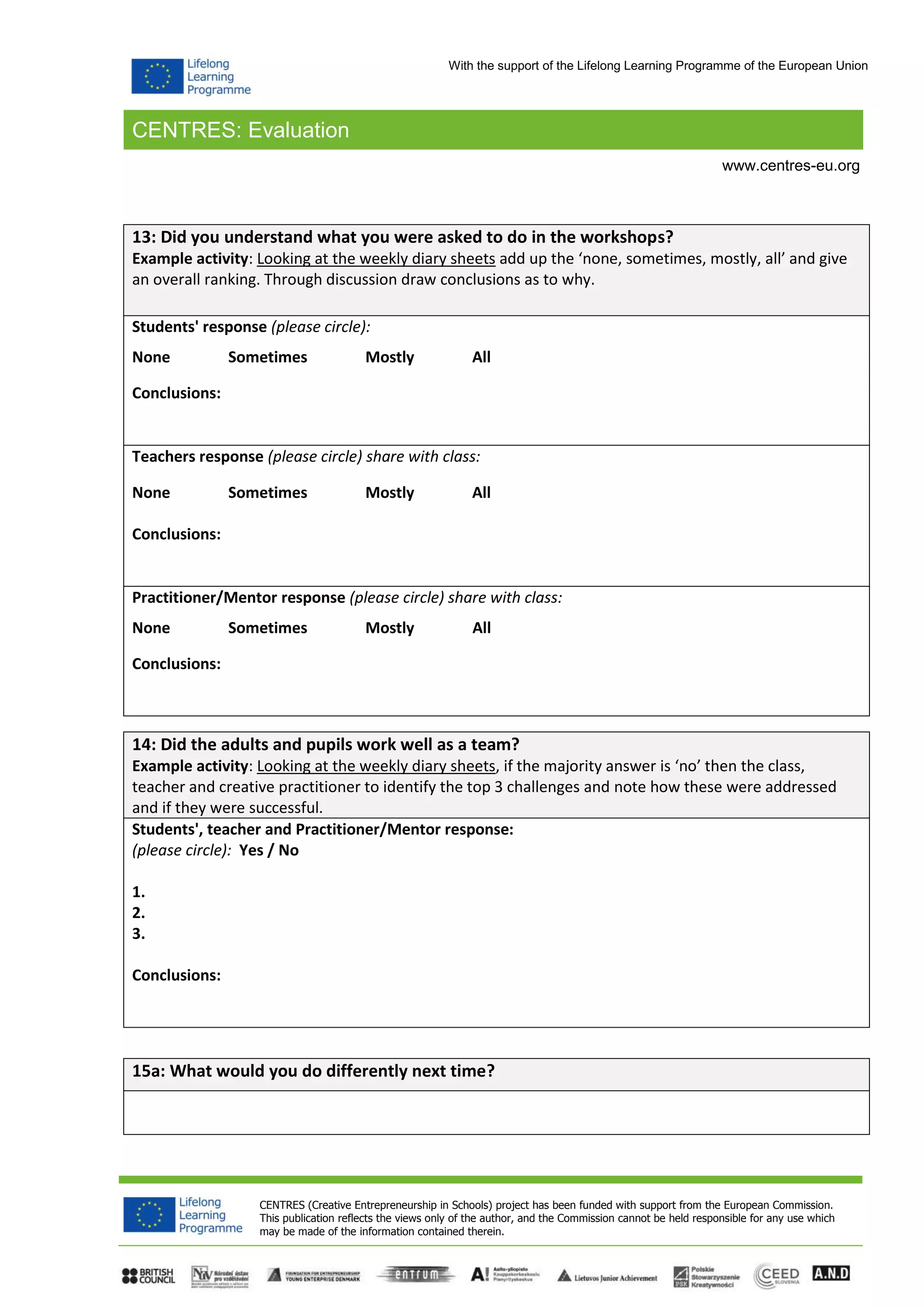 CENTRES: Evaluation
CENTRES (Creative Entrepreneurship in Schools) project has been funded with support from the European Commission.
This publication reflects the views only of the author, and the Commission cannot be held responsible for any use which
may be made of the information contained therein.
www.centres-eu.org
With the support of the Lifelong Learning Programme of the European Union
13: Did you understand what you were asked to do in the workshops?
Example activity: Looking at the weekly diary sheets add up the ‘none, sometimes, mostly, all’ and give
an overall ranking. Through discussion draw conclusions as to why.
Students' response (please circle):
None Sometimes Mostly All
Conclusions:
Teachers response (please circle) share with class:
None Sometimes Mostly All
Conclusions:
Practitioner/Mentor response (please circle) share with class:
None Sometimes Mostly All
Conclusions:
14: Did the adults and pupils work well as a team?
Example activity: Looking at the weekly diary sheets, if the majority answer is ‘no’ then the class,
teacher and creative practitioner to identify the top 3 challenges and note how these were addressed
and if they were successful.
Students', teacher and Practitioner/Mentor response:
(please circle): Yes / No
1.
2.
3.
Conclusions:
15a: What would you do differently next time?
 