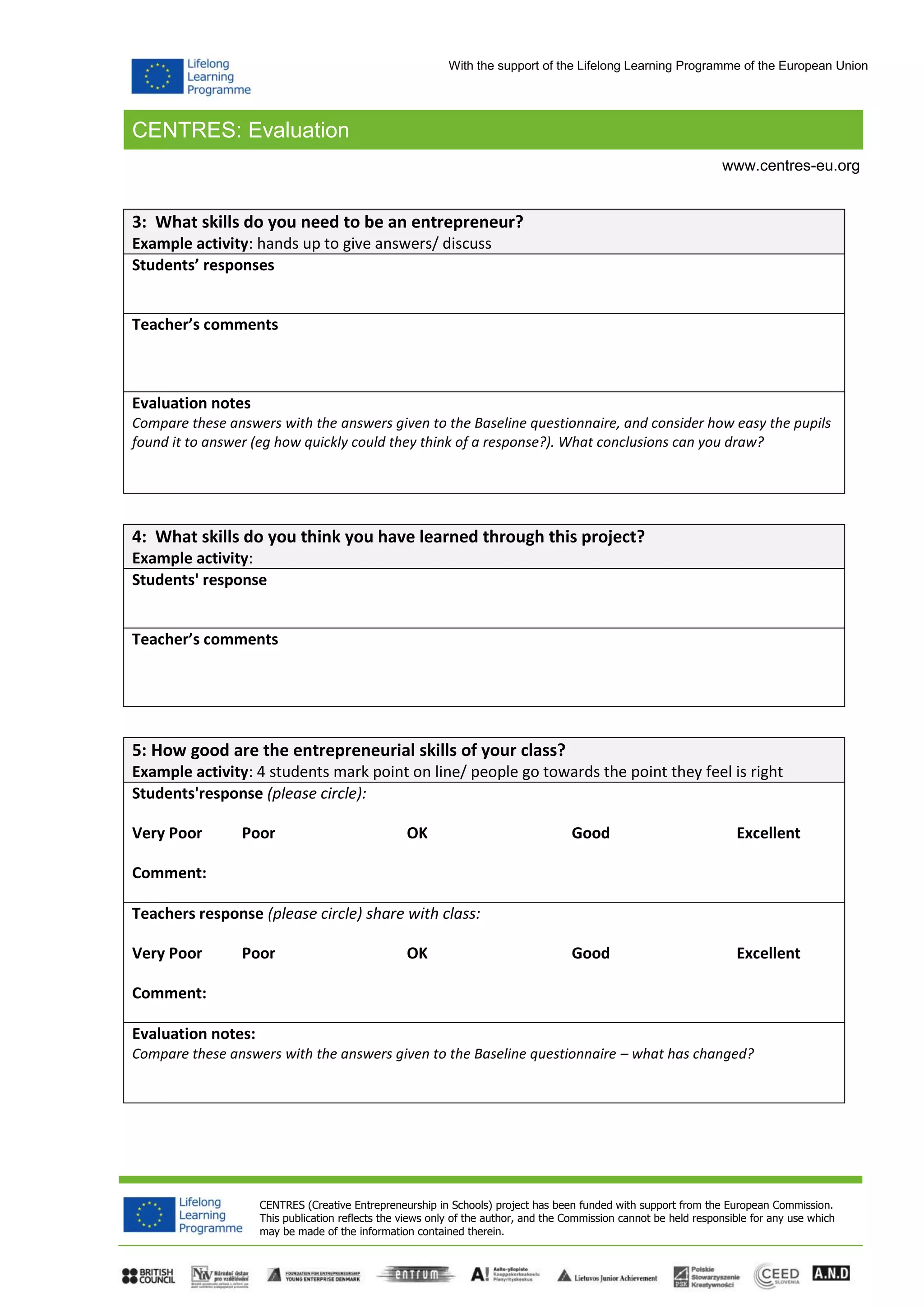 CENTRES: Evaluation
CENTRES (Creative Entrepreneurship in Schools) project has been funded with support from the European Commission.
This publication reflects the views only of the author, and the Commission cannot be held responsible for any use which
may be made of the information contained therein.
www.centres-eu.org
With the support of the Lifelong Learning Programme of the European Union
3: What skills do you need to be an entrepreneur?
Example activity: hands up to give answers/ discuss
Students’ responses
Teacher’s comments
Evaluation notes
Compare these answers with the answers given to the Baseline questionnaire, and consider how easy the pupils
found it to answer (eg how quickly could they think of a response?). What conclusions can you draw?
4: What skills do you think you have learned through this project?
Example activity:
Students' response
Teacher’s comments
5: How good are the entrepreneurial skills of your class?
Example activity: 4 students mark point on line/ people go towards the point they feel is right
Students'response (please circle):
Very Poor Poor OK Good Excellent
Comment:
Teachers response (please circle) share with class:
Very Poor Poor OK Good Excellent
Comment:
Evaluation notes:
Compare these answers with the answers given to the Baseline questionnaire – what has changed?
 