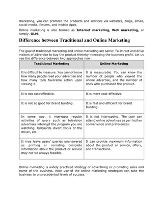 marketing, you can promote the products and services via websites, blogs, email,
social media, forums, and mobile Apps.
Online marketing is also termed as Internet marketing, Web marketing, or
simply, OLM.
Difference between Traditional and Online Marketing
The goal of traditional marketing and online marketing are same: To attract and drive
visitors of advertise to buy the product thereby increasing the business profit. Let us
see the difference between two approaches now:
Traditional Marketing Online Marketing
It is difficult to measure. You cannot know
how many people read your advertise and
how many took favorable action upon
viewing it.
It is measurable. You can know the
number of people who viewed the
online advertise, and the number of
ones who purchased the product.
It is not cost-effective. It is more cost-effective.
It is not so good for brand building. It is fast and efficient for brand
building.
In some way, it interrupts regular
activities of users such as television
advertises interrupt the program you are
watching, billboards divert focus of the
driver, etc.
It is not interrupting. The user can
attend online advertises as per his/her
convenience and preferences.
It may leave users’ queries unanswered
as printing or narrating complete
information about the product or service
may not be always feasible.
It can provide maximum information
about the product or service, offers,
and transactions.
Online marketing is widely practiced strategy of advertising or promoting sales and
name of the business. Wise use of the online marketing strategies can take the
business to unprecedented levels of success.
 