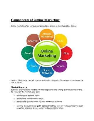 Components of Online Marketing
Online marketing has various components as shown in the illustration below:
Here in this tutorial, we will provide an insight into each of these components one by
one in detail.
Market Research
Business organizations need to set clear objectives and strong market understanding.
To research the market, you can:
• Review your website traffic.
• Review the Ad conversion rates.
• Review the queries asked by your existing customers.
• Identify the customers’ pain points that they post on various platforms such
as yahoo answers, blogs, social media, and other sites.
 
