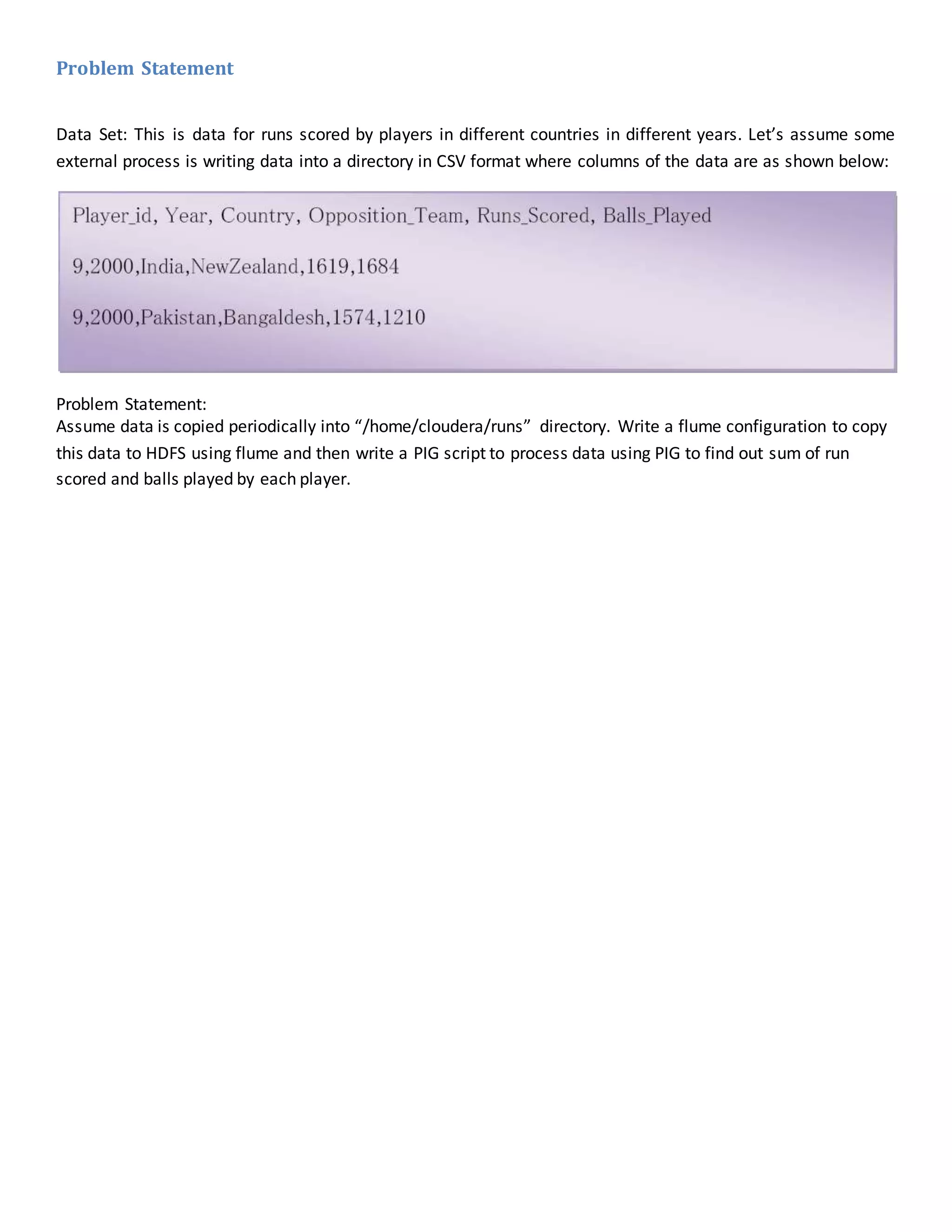 Problem Statement
Data Set: This is data for runs scored by players in different countries in different years. Let’s assume some
external process is writing data into a directory in CSV format where columns of the data are as shown below:
Problem Statement:
Assume data is copied periodically into “/home/cloudera/runs” directory. Write a flume configuration to copy
this data to HDFS using flume and then write a PIG script to process data using PIG to find out sum of run
scored and balls played by each player.
 