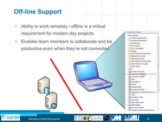Off-line Support

• Ability to work remotely / offline is a critical
   requirement for modern day projects
• Enables team members to collaborate and be
   productive even when they‟re not connected




       Managing Project Documents                    25
 