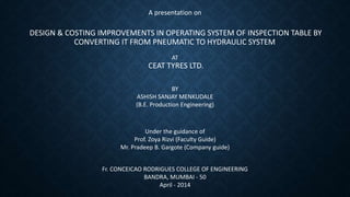 Fr. CONCEICAO RODRIGUES COLLEGE OF ENGINEERING
BANDRA, MUMBAI - 50
April - 2014
A presentation on
DESIGN & COSTING IMPROVEMENTS IN OPERATING SYSTEM OF INSPECTION TABLE BY
CONVERTING IT FROM PNEUMATIC TO HYDRAULIC SYSTEM
AT
CEAT TYRES LTD.
BY
ASHISH SANJAY MENKUDALE
(B.E. Production Engineering)
Under the guidance of
Prof. Zoya Rizvi (Faculty Guide)
Mr. Pradeep B. Gargote (Company guide)
 