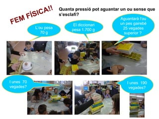 Quanta pressió pot aguantar un ou sense que
s’esclafi?
FEM FÍSICA!!
L’ou pesa
70 g
El diccionari
pesa 1.700 g
Aguantarà l‘ou
un pes gairebé
25 vegades
superior ?
I unes 70
vegades?
I unes 190
vegades?
 