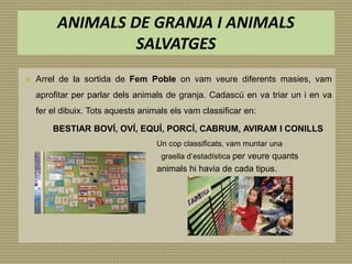 ANIMALS DE GRANJA I ANIMALS
SALVATGES
 Arrel de la sortida de Fem Poble on vam veure diferents masies, vam
aprofitar per parlar dels animals de granja. Cadascú en va triar un i en va
fer el dibuix. Tots aquests animals els vam classificar en:
BESTIAR BOVÍ, OVÍ, EQUÍ, PORCÍ, CABRUM, AVIRAM I CONILLS
Un cop classificats, vam muntar una
graella d’estadística per veure quants
animals hi havia de cada tipus.
 