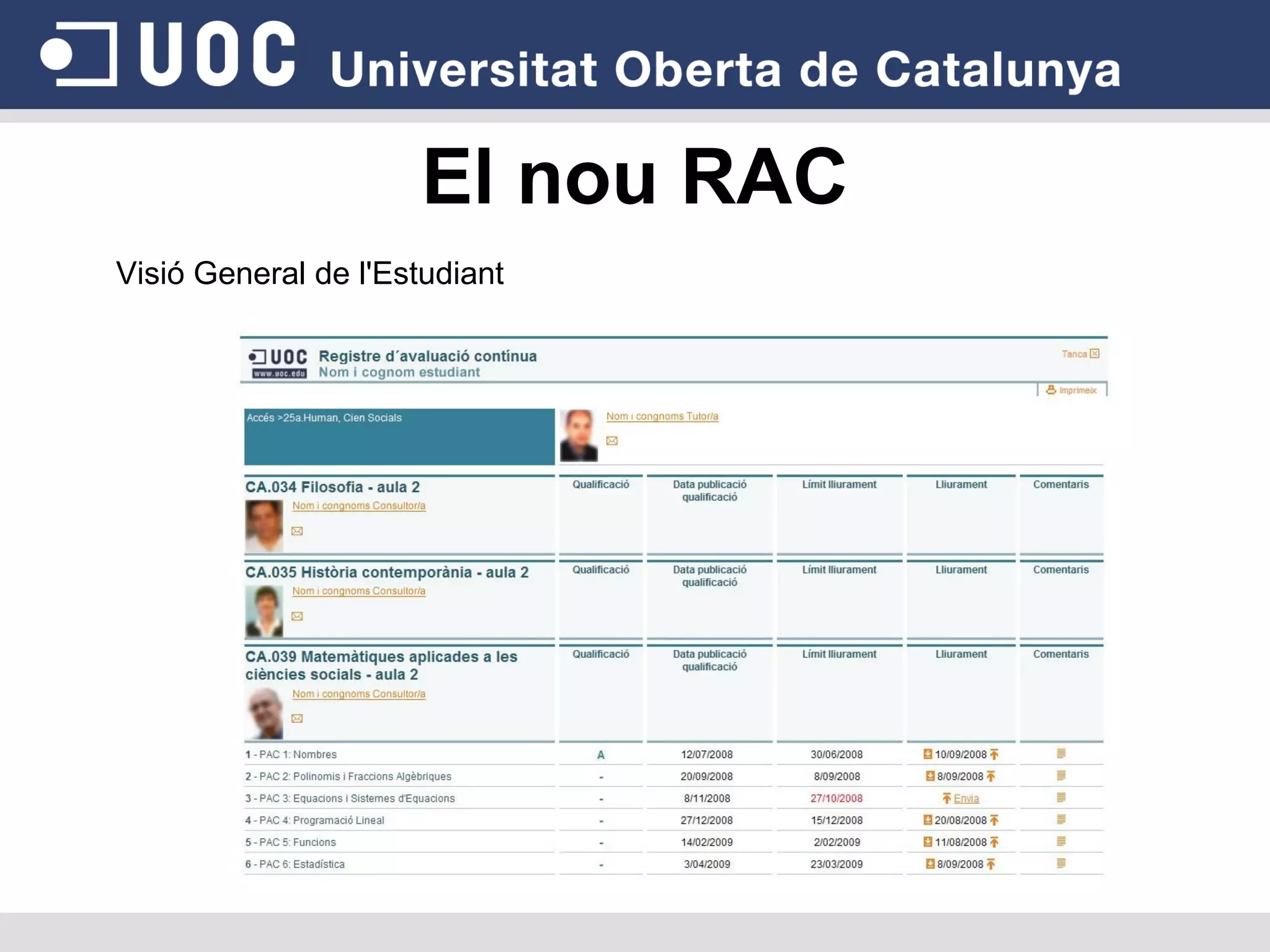 El nou RAC Visió General de l'Estudiant 
