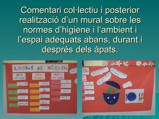 Comentari col·lectiu i posterior realització d’un mural sobre les normes d’higiene i l’ambient i l’espai adequats abans, durant i després dels àpats. 