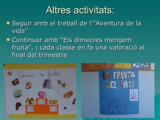Altres activitats: Seguir amb el treball de l’”Aventura de la vida” Continuar amb “Els dimecres mengem fruita”, i cada classe en fa una valoració al final del trimestre 