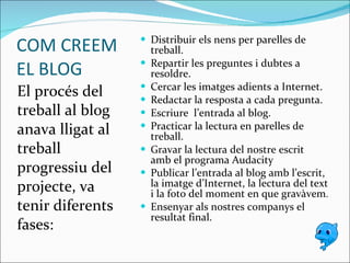 COM CREEM EL BLOG El procés del treball al blog anava lligat al treball progressiu del projecte, va tenir diferents fases: Distribuir els nens per parelles de treball. Repartir les preguntes i dubtes a resoldre. Cercar les imatges adients a Internet. Redactar la resposta a cada pregunta. Escriure  l’entrada al blog. Practicar la lectura en parelles de treball. Gravar la lectura del nostre escrit  amb el programa Audacity Publicar l’entrada al blog amb l’escrit, la imatge d’Internet, la lectura del text i la foto del moment en que gravàvem . Ensenyar als nostres companys el resultat final . 