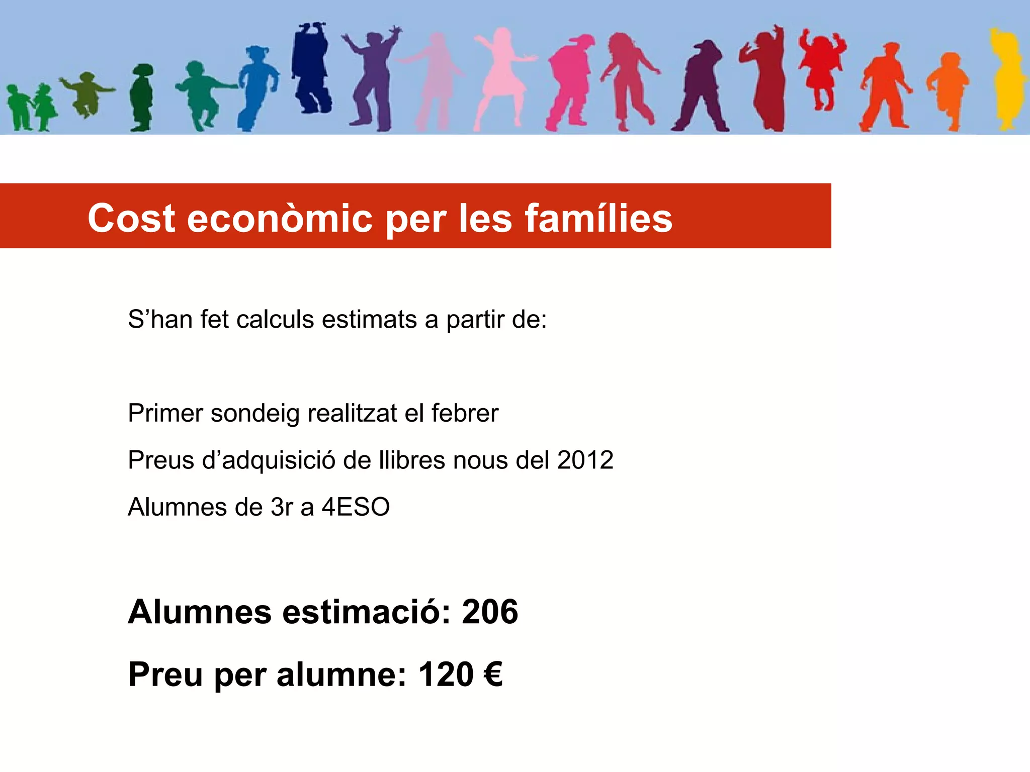 Cost econòmic per les famílies
S’han fet calculs estimats a partir de:
Primer sondeig realitzat el febrer
Preus d’adquisició de llibres nous del 2012
Alumnes de 3r a 4ESO
Alumnes estimació: 206
Preu per alumne: 120 €
 