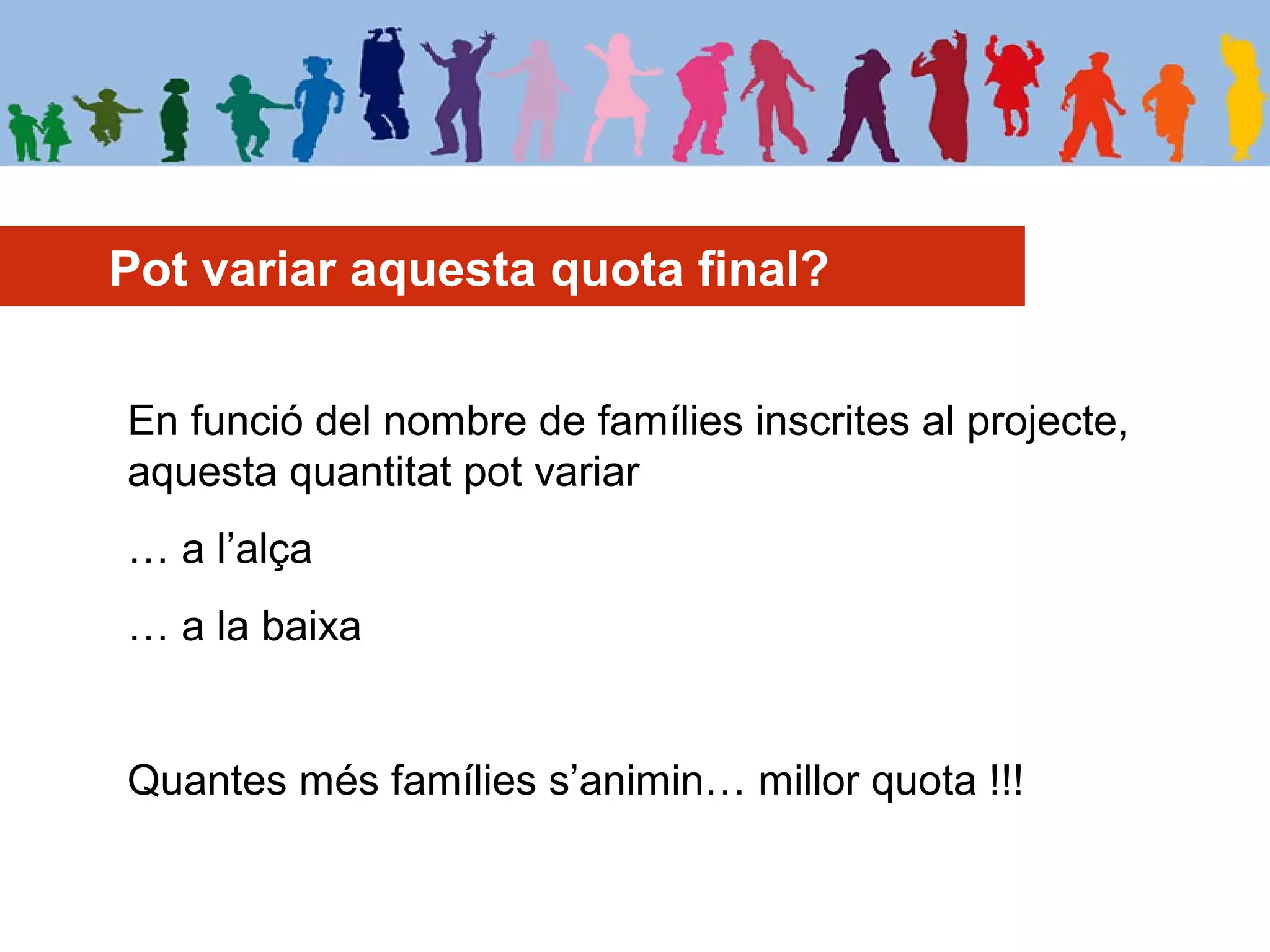 Pot variar aquesta quota final?
En funció del nombre de famílies inscrites al projecte,
aquesta quantitat pot variar
… a l’alça
… a la baixa
Quantes més famílies s’animin… millor quota !!!
 