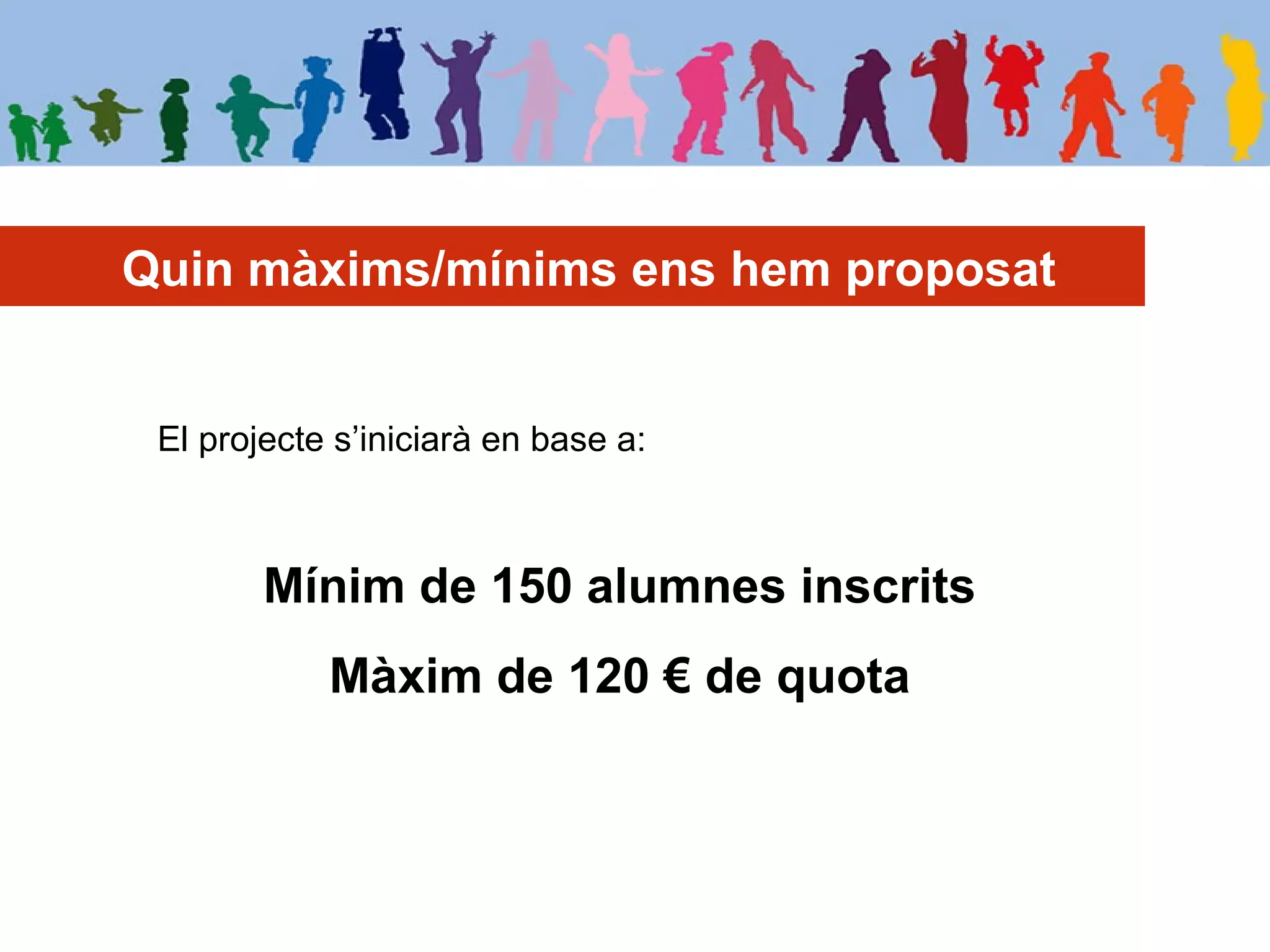 Quin màxims/mínims ens hem proposat
El projecte s’iniciarà en base a:
Mínim de 150 alumnes inscrits
Màxim de 120 € de quota
 
