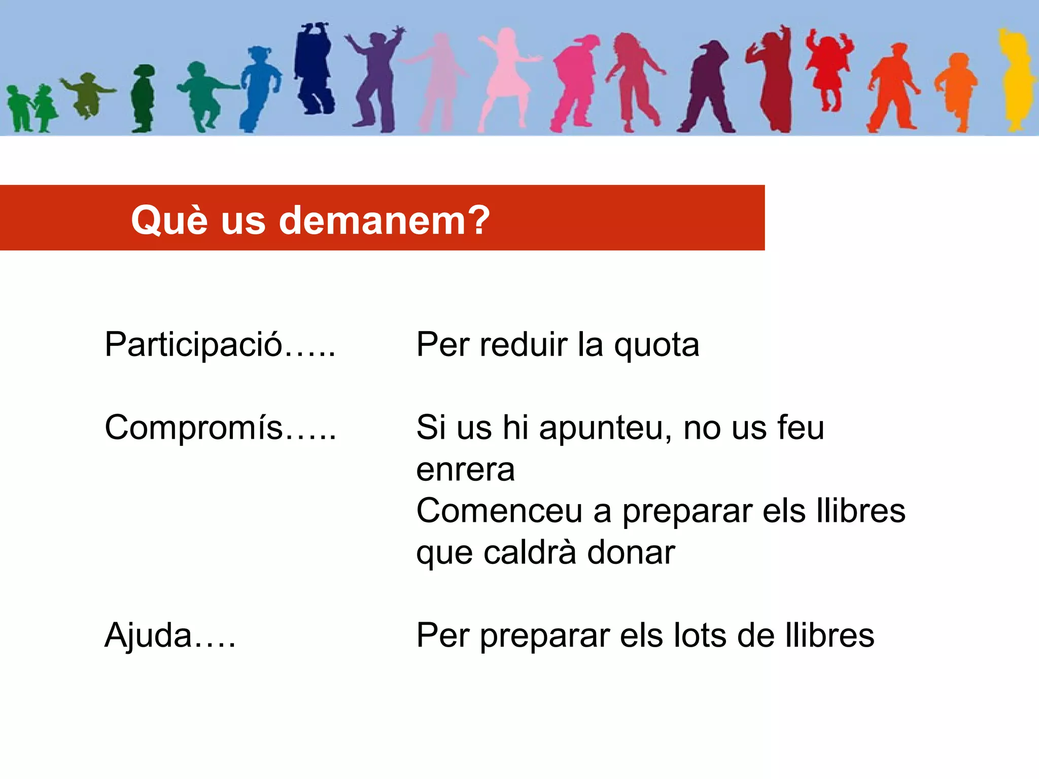 Què us demanem?
Participació….. Per reduir la quota
Compromís….. Si us hi apunteu, no us feu
enrera
Comenceu a preparar els llibres
que caldrà donar
Ajuda…. Per preparar els lots de llibres
 