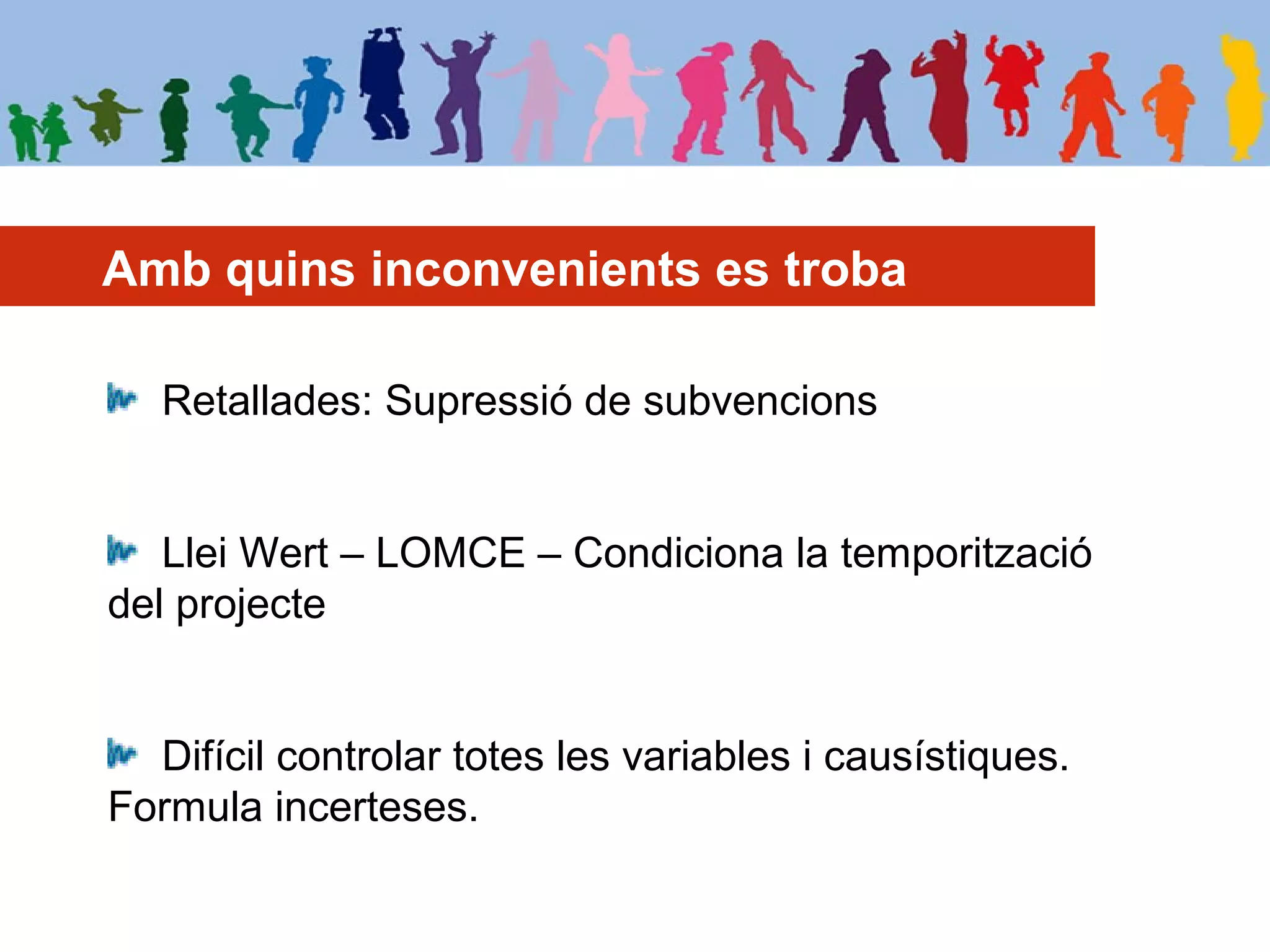 Amb quins inconvenients es troba
Retallades: Supressió de subvencions
Llei Wert – LOMCE – Condiciona la temporització
del projecte
Difícil controlar totes les variables i causístiques.
Formula incerteses.
 