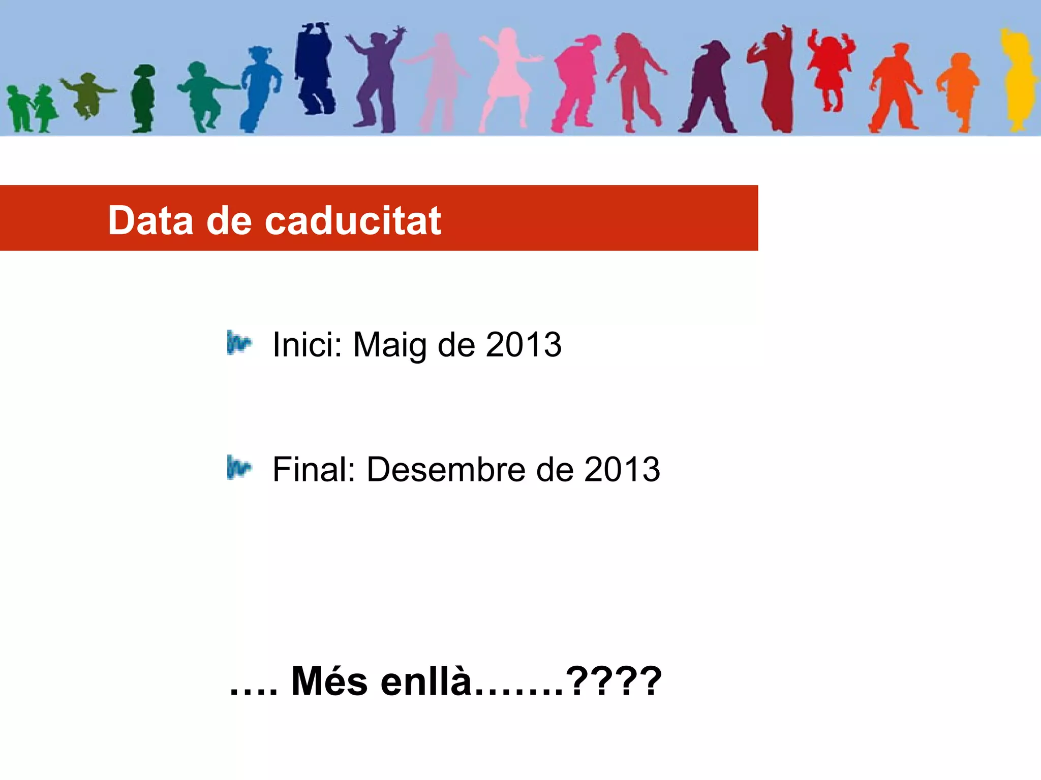 Data de caducitat
Inici: Maig de 2013
Final: Desembre de 2013
…. Més enllà…….????
 